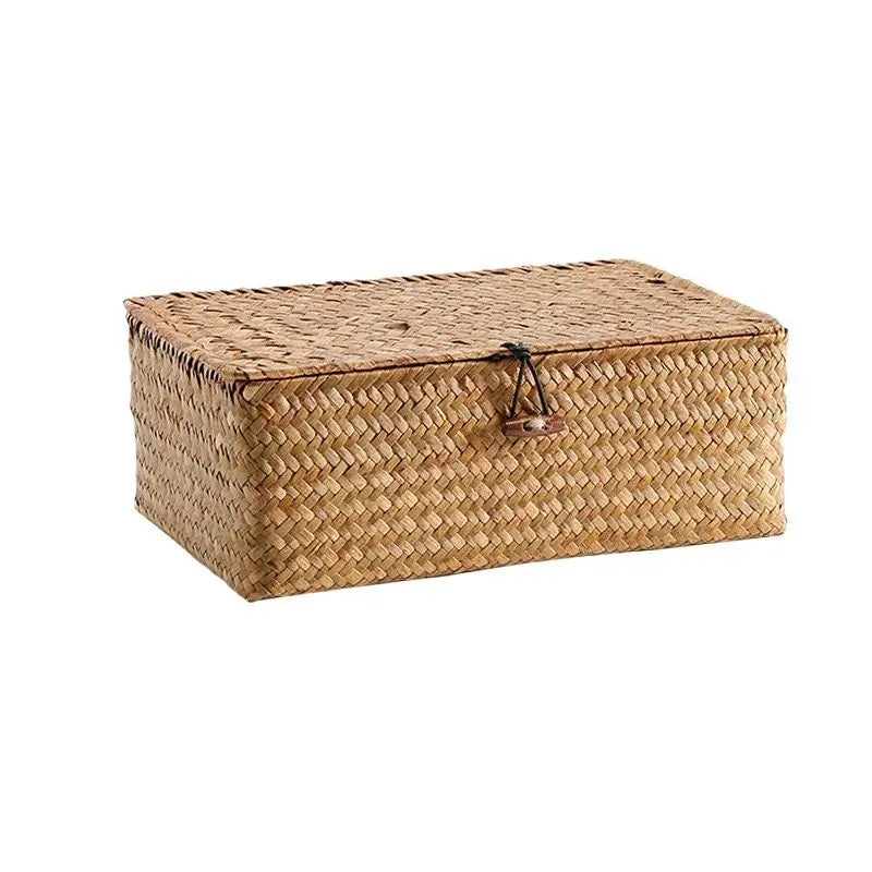 Handmade Woven Seaweed Storage Basket com Tampa, Caixa De Acabamento, Organizador Do Armário, Banho Diversos, Recipiente De Toalha Cosmética