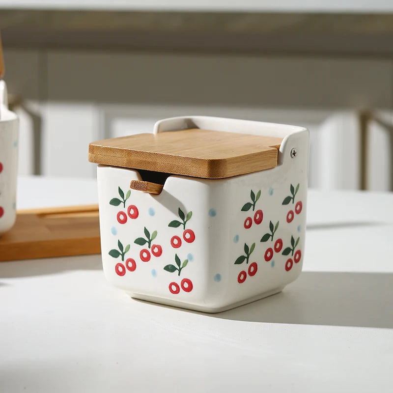 Conjunto de potes de tempero de cerâmica, caixa quadrada de armazenamento de cereja, sal, açúcar, pimenta, molho de soja, garrafa de vinagre, utensílios de cozinha, novo