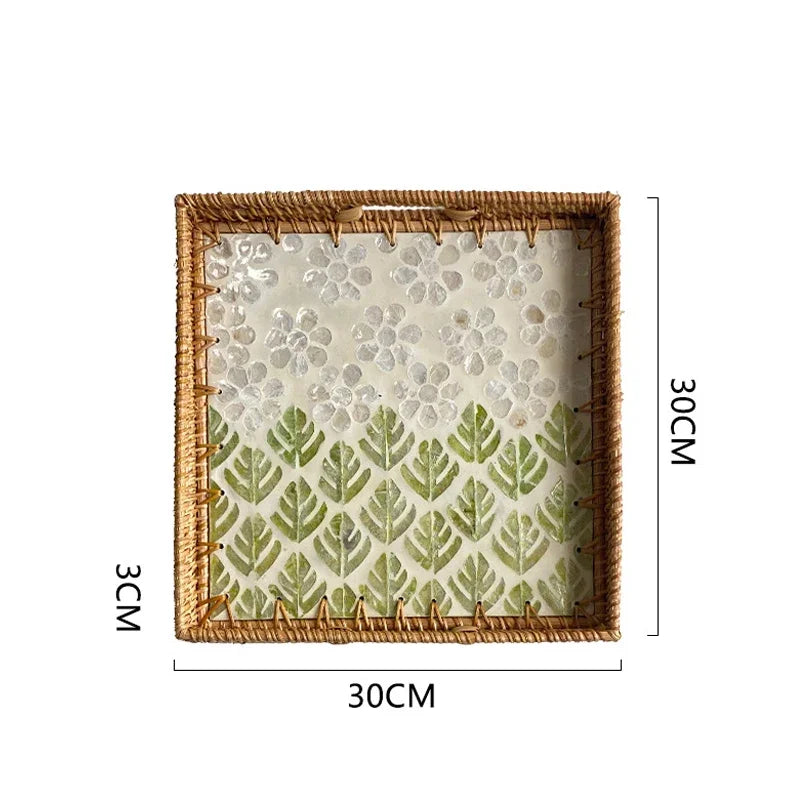 Bandeja premium de concha quadrada de luxo, rattan feito à mão, cesta de frutas de piquenique colorida, conjunto de armazenamento de cozinha, decoração de mobiliário doméstico