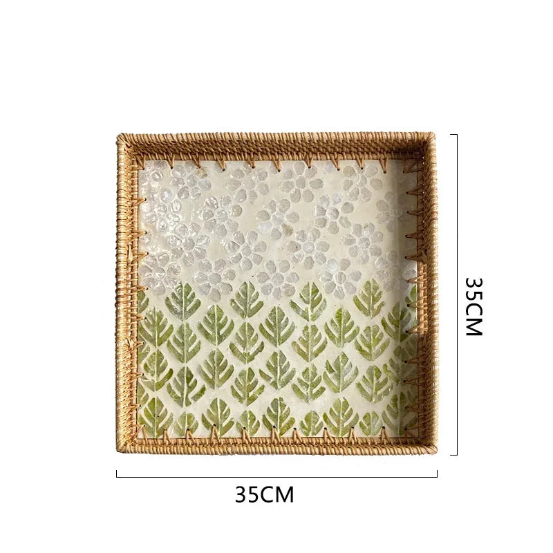 Bandeja premium de concha quadrada de luxo, rattan feito à mão, cesta de frutas de piquenique colorida, conjunto de armazenamento de cozinha, decoração de mobiliário doméstico