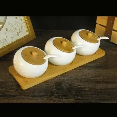 Cerâmica tempero pote tempero caixa bandeja de madeira tempero garrafa de açúcar tigela de sal do agregado familiar com colher suprimentos cozinha