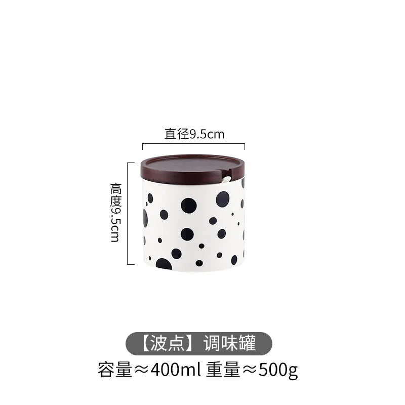 Preto e branco listrado cerâmica tempero jar com tampa de madeira spice açúcar jar cozinha chili sal armazenamento frascos utensílios de cozinha novo