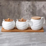 Cerâmica tempero pote tempero caixa bandeja de madeira tempero garrafa de açúcar tigela de sal do agregado familiar com colher suprimentos cozinha