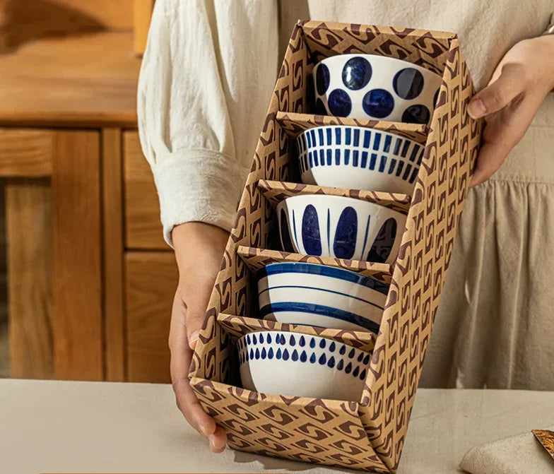 4.5 polegadas tigela de cerâmica tigela cozinha talheres conjunto tigela estilo japonês personalizado tigela arroz vintage padrão caixa presente 5 pçs