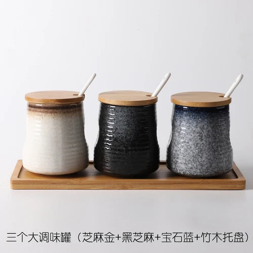 Frasco De Tempero De Cerâmica Com Colher, Frasco De Especiarias De Açúcar De Sal, Conjunto De Caixa De Tempero De Glutamato Monossódico, Suprimentos De Cozinha Vintage
