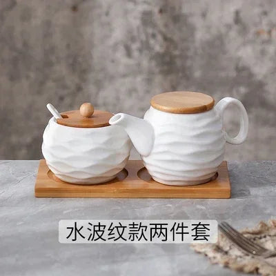 Cerâmica tempero pote tempero caixa bandeja de madeira tempero garrafa de açúcar tigela de sal do agregado familiar com colher suprimentos cozinha