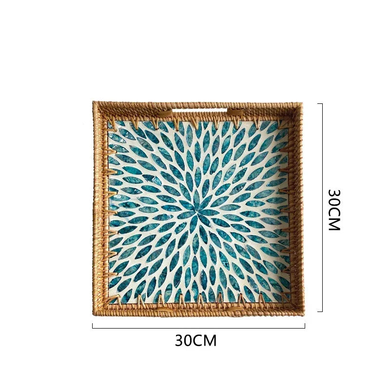 Bandeja premium de concha quadrada de luxo, rattan feito à mão, cesta de frutas de piquenique colorida, conjunto de armazenamento de cozinha, decoração de mobiliário doméstico