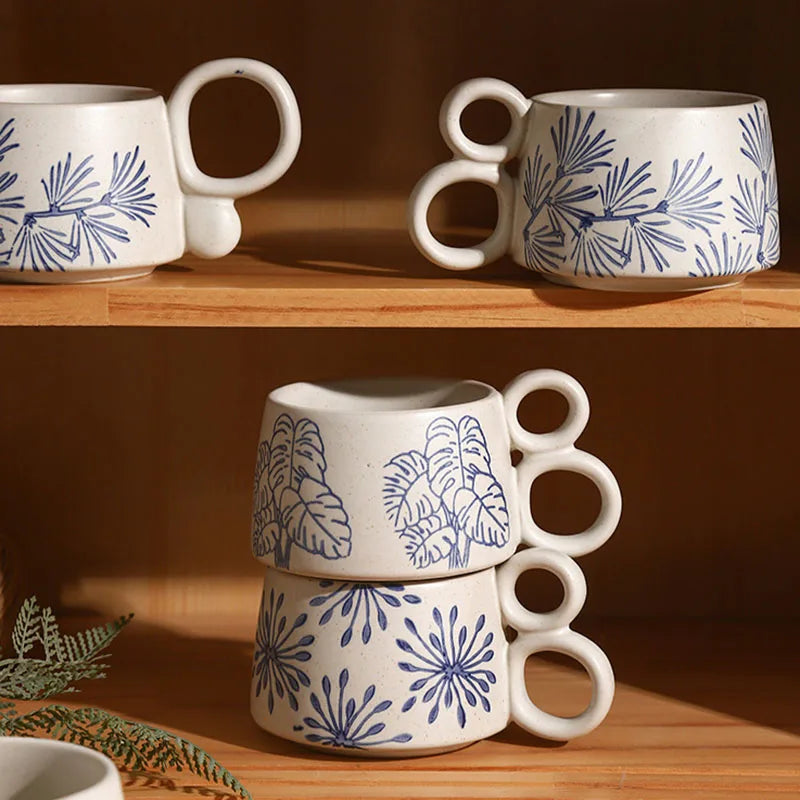 Copo de café cerâmico criativo, caneca azul e branca da ânfora, caneca da aveia do leite do café da manhã, chávena inglesa da camélia da tarde, 350ml