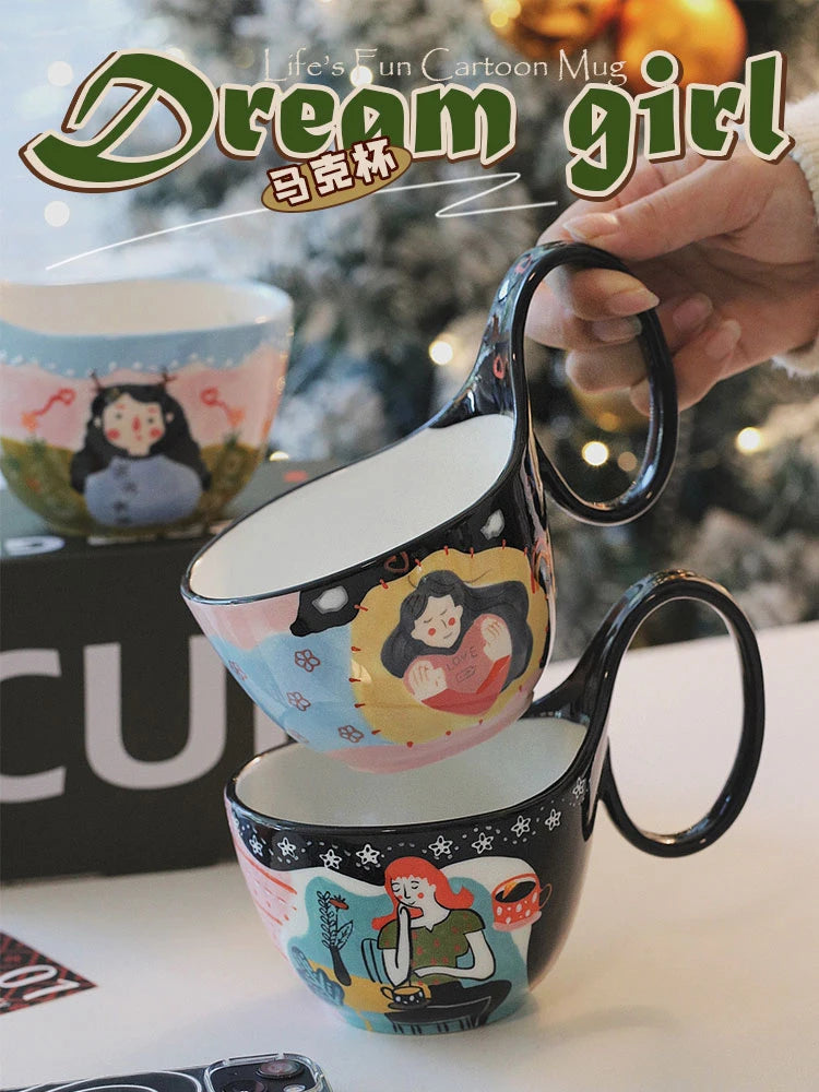 Caneca bonita cerâmica retro francesa, Copos de aveia, Xícara de café do casal, Casa bebendo utensílios, Home Drinkware Set, 400ml, 2024