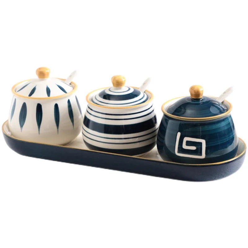 Moderno conjunto de três peças caixa de tempero de cerâmica pote de especiarias casa sal frasco de açúcar molho de soja garrafa de vinagre acessórios de cozinha novo