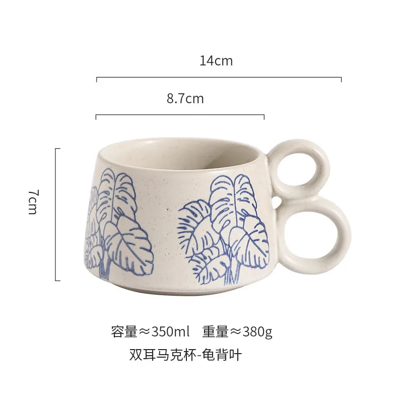 Copo de café cerâmico criativo, caneca azul e branca da ânfora, caneca da aveia do leite do café da manhã, chávena inglesa da camélia da tarde, 350ml