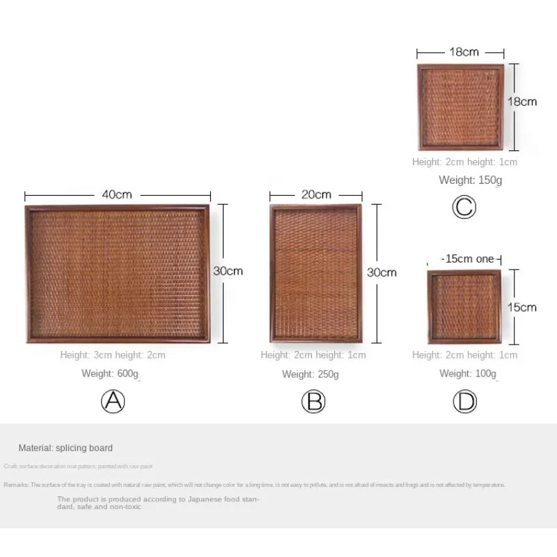 Bandeja retangular de madeira maciça, rattan japonês bandeja tecida do chá, decoração home, hotel, tecelagem de bambu