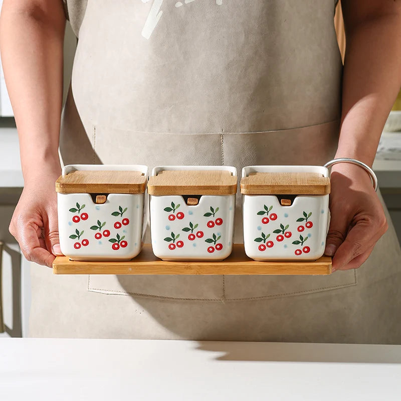 Conjunto de potes de tempero de cerâmica, caixa quadrada de armazenamento de cereja, sal, açúcar, pimenta, molho de soja, garrafa de vinagre, utensílios de cozinha, novo