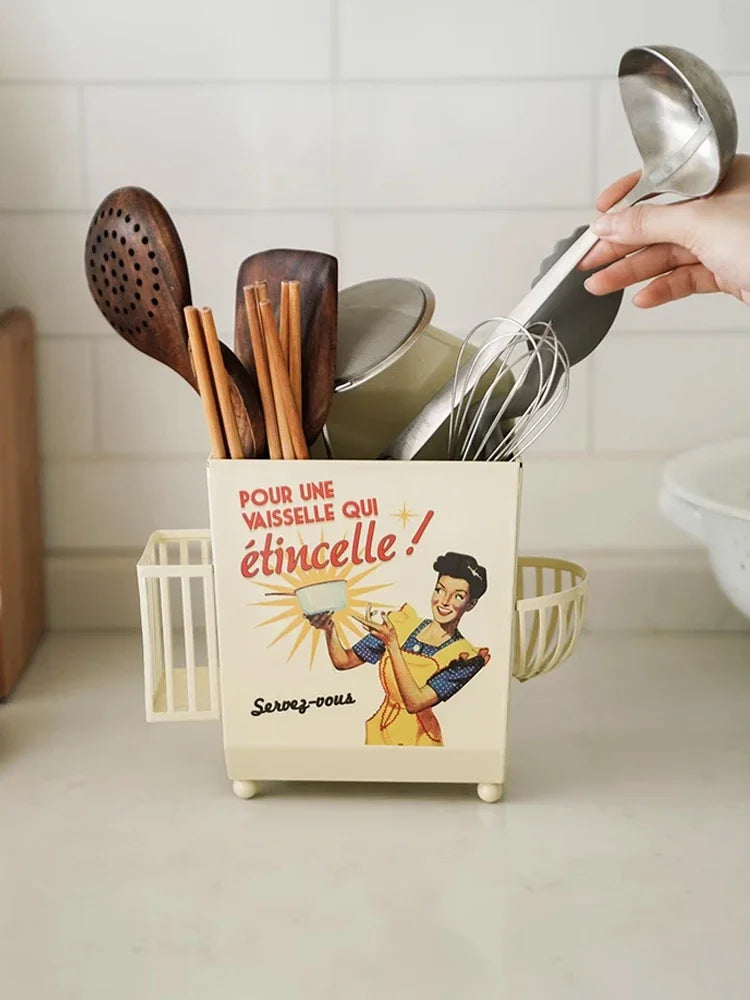 AhenderJiaz-Francês Vintage Talheres Balde De Armazenamento, Prateleira De Cozinha Doméstica, Multifuncional Pendurado Na Parede, Conjunto De Tubo De Pauzinha