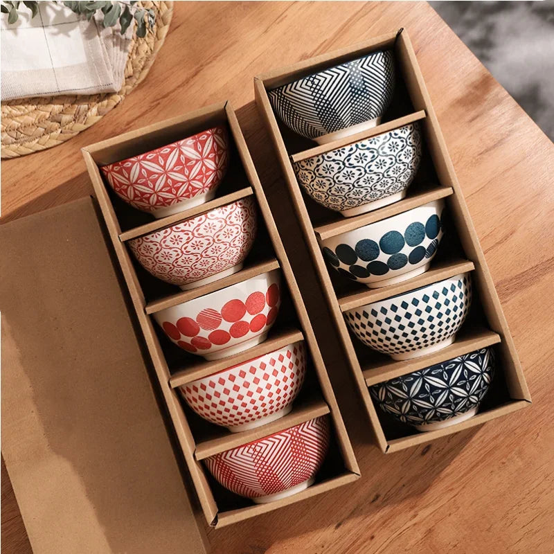 4.5 polegadas tigela de cerâmica tigela cozinha talheres conjunto tigela estilo japonês personalizado tigela arroz vintage padrão caixa presente 5 pçs