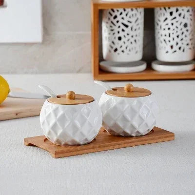 Cerâmica tempero pote tempero caixa bandeja de madeira tempero garrafa de açúcar tigela de sal do agregado familiar com colher suprimentos cozinha