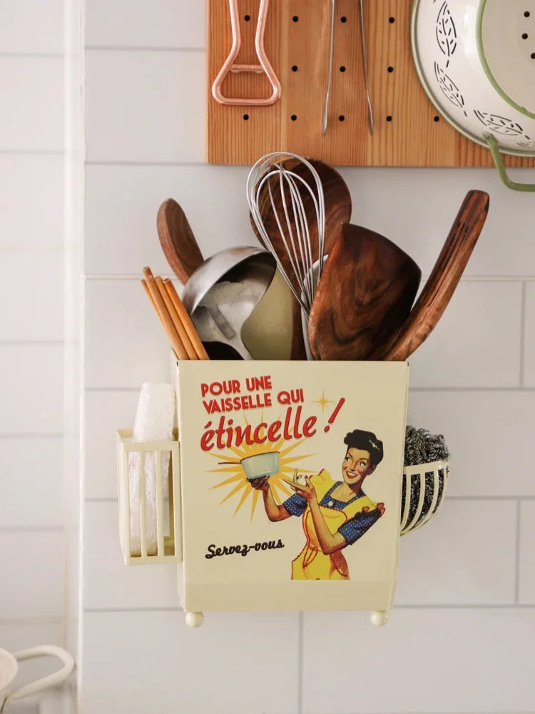 AhenderJiaz-Francês Vintage Talheres Balde De Armazenamento, Prateleira De Cozinha Doméstica, Multifuncional Pendurado Na Parede, Conjunto De Tubo De Pauzinha