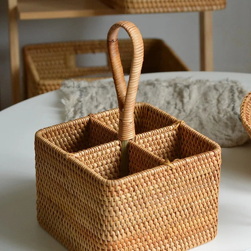 Caixa De Armazenamento De Rattan Artesanal Para Sala De Estar, Cesta De Mesa De Café, Top De Vinho Tinto, Rack De Armazenamento, Decoração De Mobiliário Doméstico