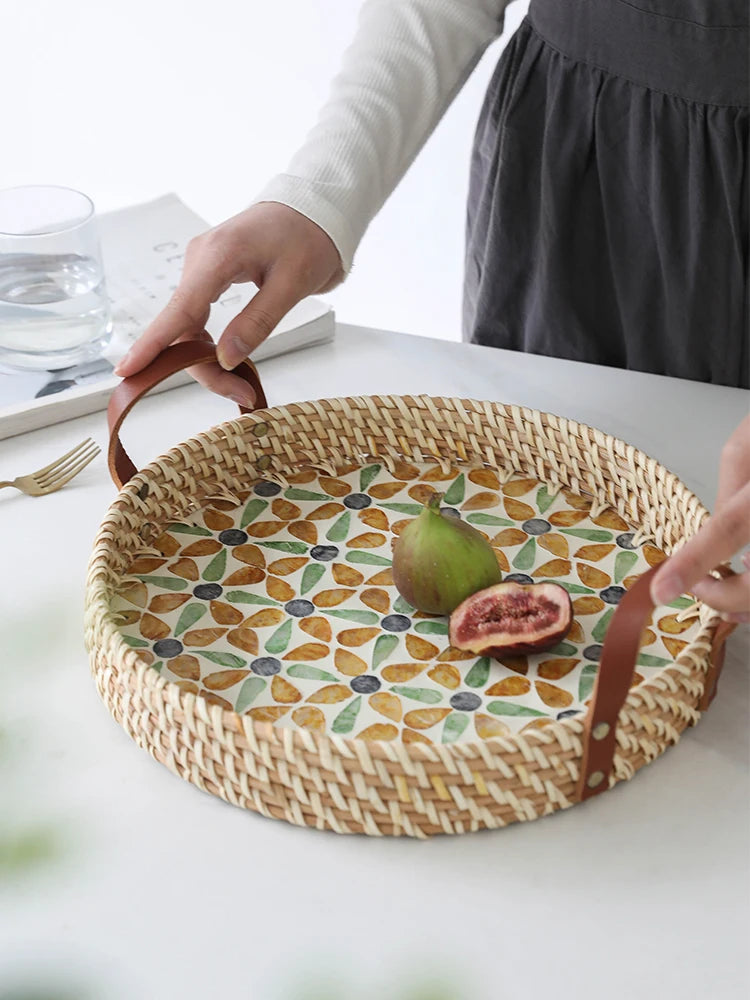 Bandeja de concha natural estilo francês, bandejas de armazenamento de vime feitas à mão, entrada da sala de estar, decoração de jardim, decoração de cozinha para casa