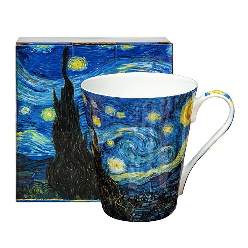 Novo estilo pintados à mão pintura a óleo caneca de café artista céu estrelado cerâmica caneca osso china copo caixa de presente de aniversário de casamento presente