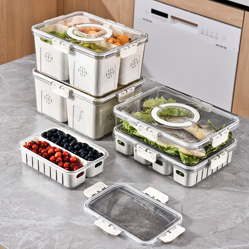 Caixa Organizadora de Geladeira Armário e Cozinha com Grade, Organizador de Cozinha, Organizador de Geladeira, Pote com Grade para Escoar, Caixa Transparente para Geladeira,Caixa para Armazenamento de Alimentos, Pote para Alimentos com Divisórias, Potes Transparentes para Geladeira, Loja Comprinha do Futuro