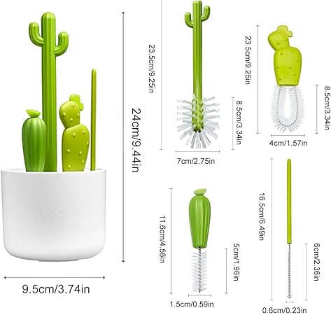 Escova para copos divertida em formatos variados de cactus, o kit acompanha quatro peças distintas.