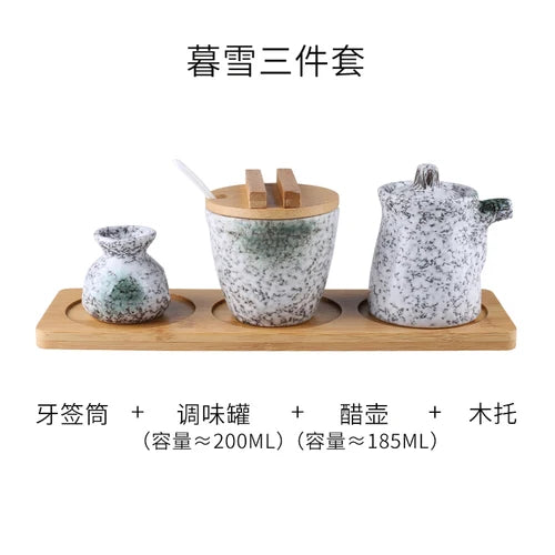Conjunto de pote de cerâmica japonês restaurante, suporte de palito, prato de vinagre, pote de vinagre, bandeja de madeira, cozinha, dispensador de cereais