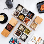 Quadrado moderno cerâmica bandeja de frutas com bambu e bandeja de madeira lanche doces caixa de armazenamento dividido porca bandeja de comida tigela decoração para casa