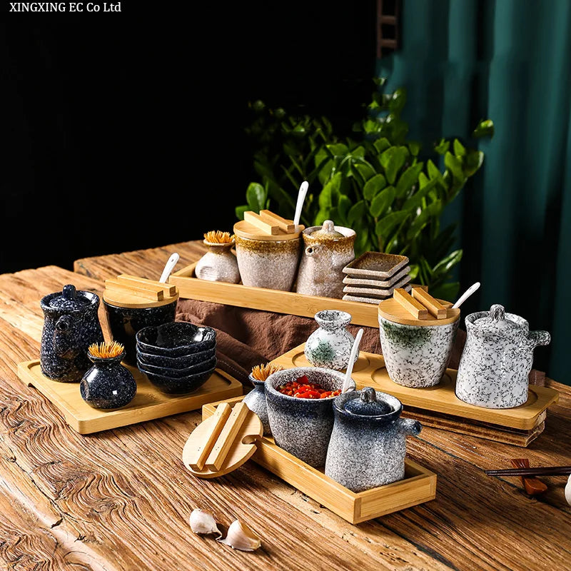 Conjunto de pote de cerâmica japonês restaurante, suporte de palito, prato de vinagre, pote de vinagre, bandeja de madeira, cozinha, dispensador de cereais