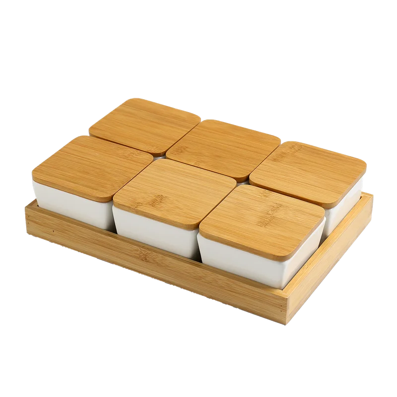 Quadrado moderno cerâmica bandeja de frutas com bambu e bandeja de madeira lanche doces caixa de armazenamento dividido porca bandeja de comida tigela decoração para casa