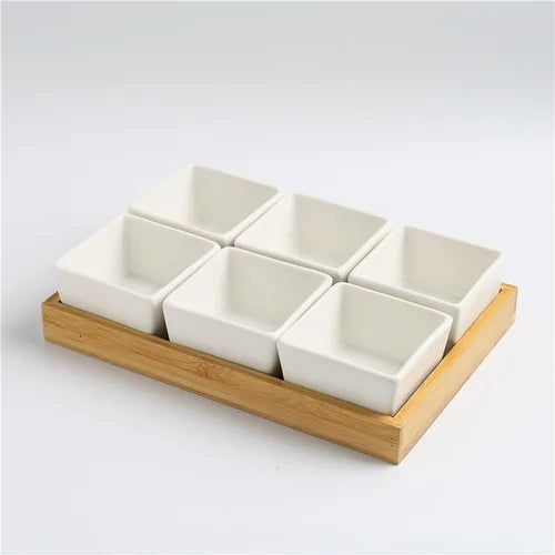 Quadrado moderno cerâmica bandeja de frutas com bambu e bandeja de madeira lanche doces caixa de armazenamento dividido porca bandeja de comida tigela decoração para casa
