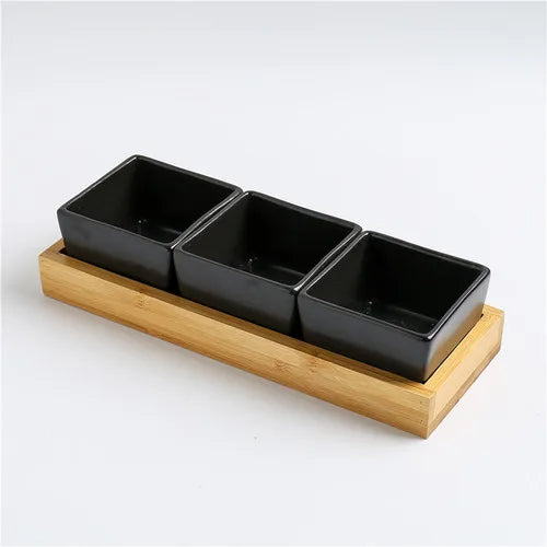 Quadrado moderno cerâmica bandeja de frutas com bambu e bandeja de madeira lanche doces caixa de armazenamento dividido porca bandeja de comida tigela decoração para casa