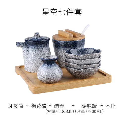 Conjunto de pote de cerâmica japonês restaurante, suporte de palito, prato de vinagre, pote de vinagre, bandeja de madeira, cozinha, dispensador de cereais