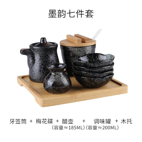 Conjunto de pote de cerâmica japonês restaurante, suporte de palito, prato de vinagre, pote de vinagre, bandeja de madeira, cozinha, dispensador de cereais