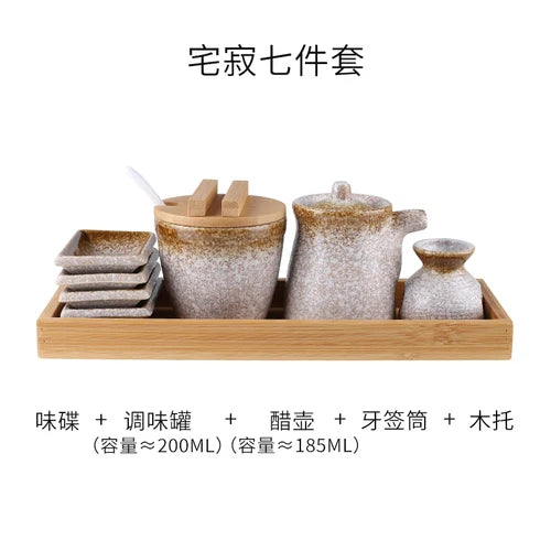 Conjunto de pote de cerâmica japonês restaurante, suporte de palito, prato de vinagre, pote de vinagre, bandeja de madeira, cozinha, dispensador de cereais