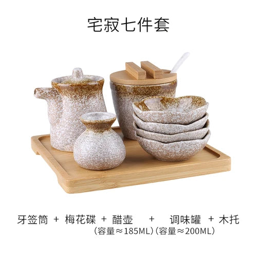 Conjunto de pote de cerâmica japonês restaurante, suporte de palito, prato de vinagre, pote de vinagre, bandeja de madeira, cozinha, dispensador de cereais
