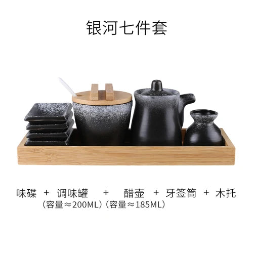 Conjunto de pote de cerâmica japonês restaurante, suporte de palito, prato de vinagre, pote de vinagre, bandeja de madeira, cozinha, dispensador de cereais