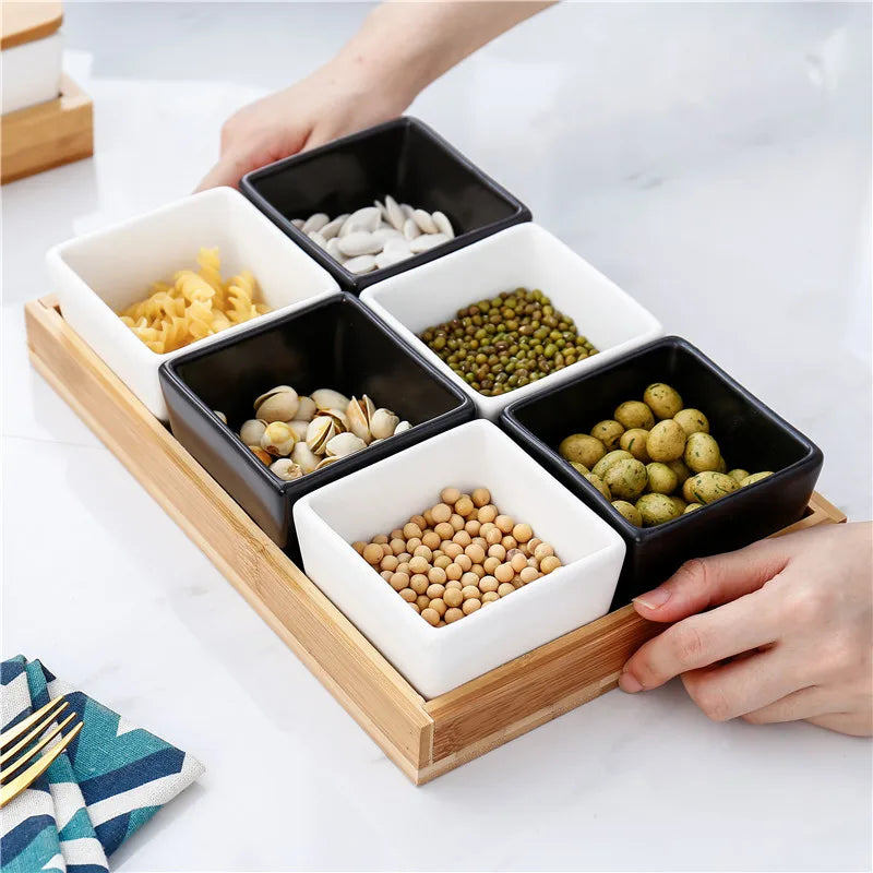 Quadrado moderno cerâmica bandeja de frutas com bambu e bandeja de madeira lanche doces caixa de armazenamento dividido porca bandeja de comida tigela decoração para casa