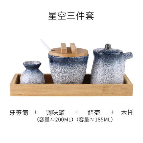 Conjunto de pote de cerâmica japonês restaurante, suporte de palito, prato de vinagre, pote de vinagre, bandeja de madeira, cozinha, dispensador de cereais