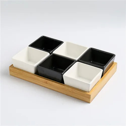Quadrado moderno cerâmica bandeja de frutas com bambu e bandeja de madeira lanche doces caixa de armazenamento dividido porca bandeja de comida tigela decoração para casa