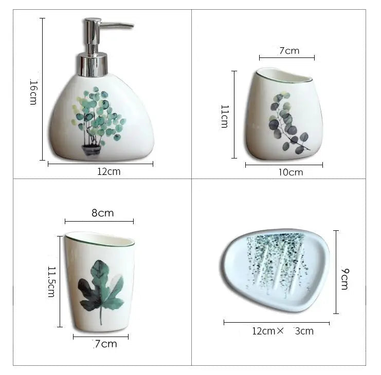 Suprimentos de banheiro de cerâmica, planta verde europeu, 5 peças, conjunto simples, conjunto de escova de dentes, suporte de loção, bandeja de melamina