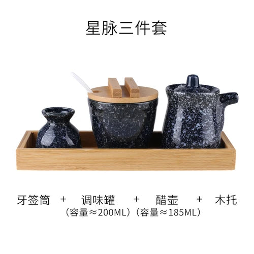 Conjunto de pote de cerâmica japonês restaurante, suporte de palito, prato de vinagre, pote de vinagre, bandeja de madeira, cozinha, dispensador de cereais