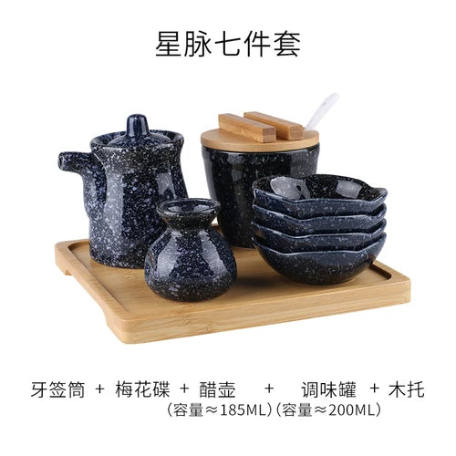 Conjunto de pote de cerâmica japonês restaurante, suporte de palito, prato de vinagre, pote de vinagre, bandeja de madeira, cozinha, dispensador de cereais