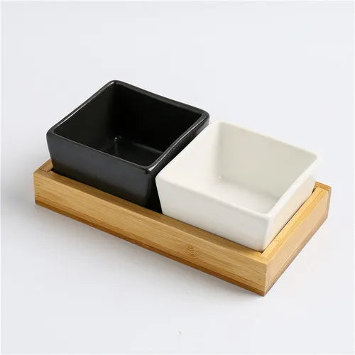 Quadrado moderno cerâmica bandeja de frutas com bambu e bandeja de madeira lanche doces caixa de armazenamento dividido porca bandeja de comida tigela decoração para casa