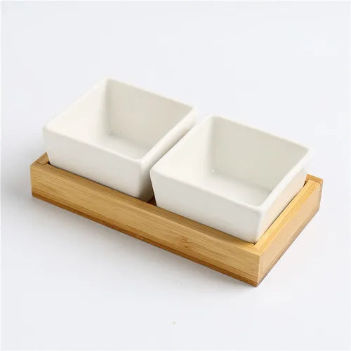 Quadrado moderno cerâmica bandeja de frutas com bambu e bandeja de madeira lanche doces caixa de armazenamento dividido porca bandeja de comida tigela decoração para casa