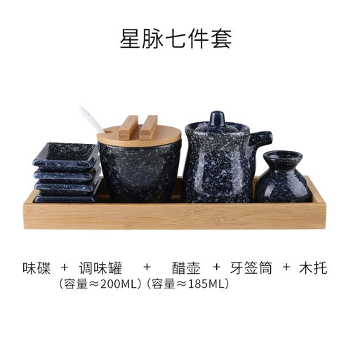 Conjunto de pote de cerâmica japonês restaurante, suporte de palito, prato de vinagre, pote de vinagre, bandeja de madeira, cozinha, dispensador de cereais
