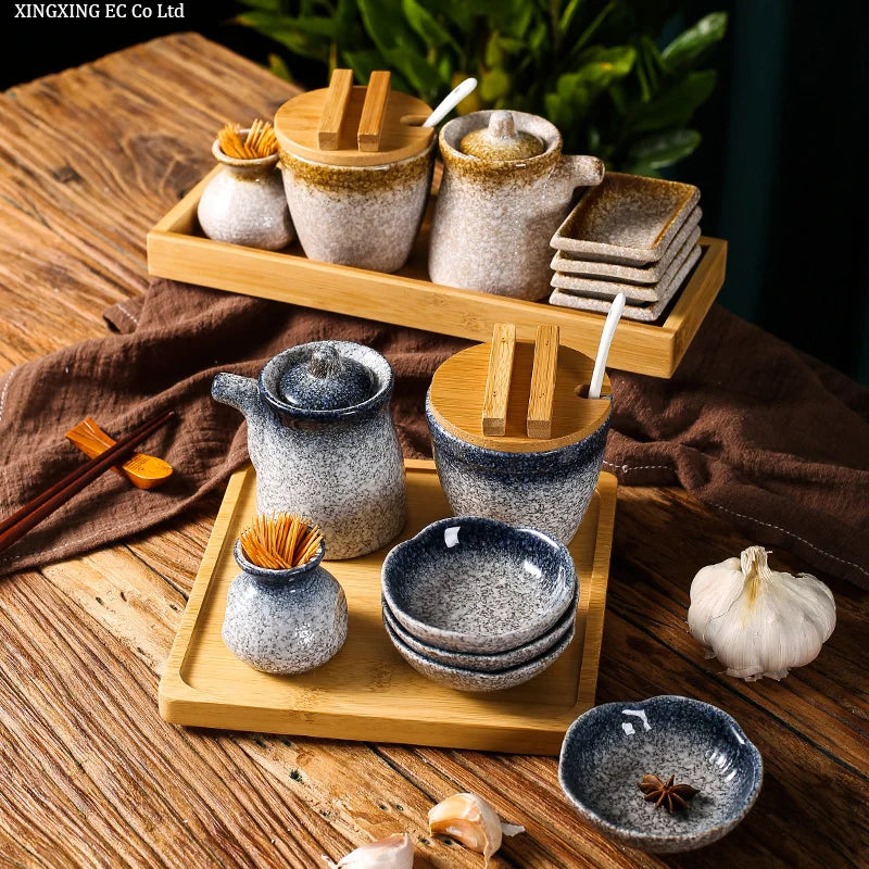 Conjunto de pote de cerâmica japonês restaurante, suporte de palito, prato de vinagre, pote de vinagre, bandeja de madeira, cozinha, dispensador de cereais