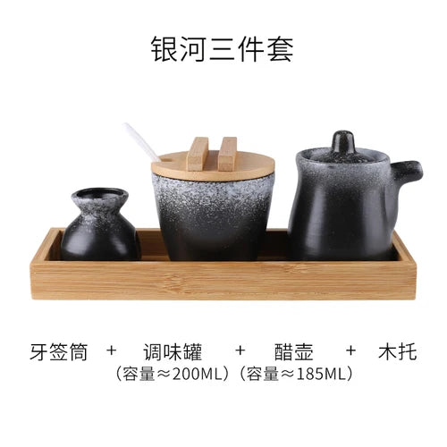 Conjunto de pote de cerâmica japonês restaurante, suporte de palito, prato de vinagre, pote de vinagre, bandeja de madeira, cozinha, dispensador de cereais
