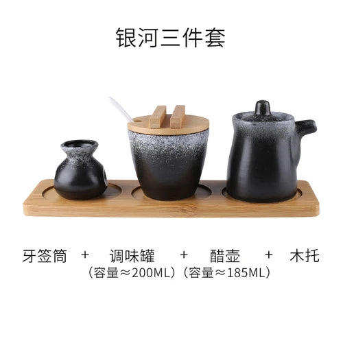 Conjunto de pote de cerâmica japonês restaurante, suporte de palito, prato de vinagre, pote de vinagre, bandeja de madeira, cozinha, dispensador de cereais