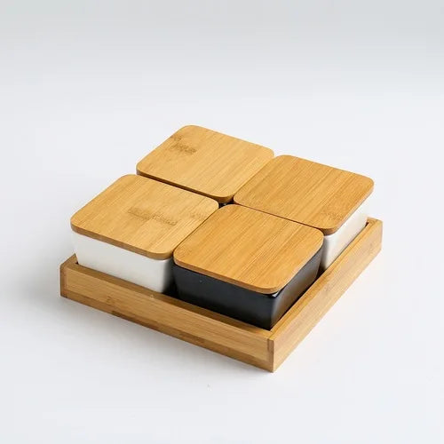 Quadrado moderno cerâmica bandeja de frutas com bambu e bandeja de madeira lanche doces caixa de armazenamento dividido porca bandeja de comida tigela decoração para casa